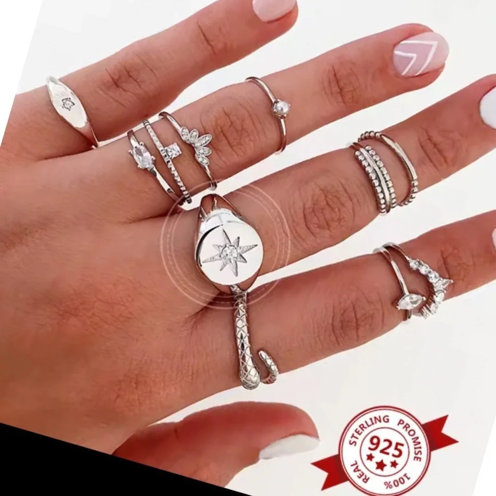NEW Lg Sterling Silver Star Signet Ring Cubic Zirconia Starburst‎ 925 Adjustable